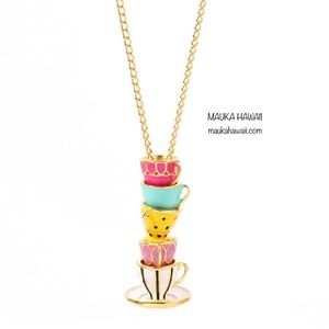 Enamel Pastel Stacked Teacups Tea Cup Pendant Necklace w 18 in Chain New!